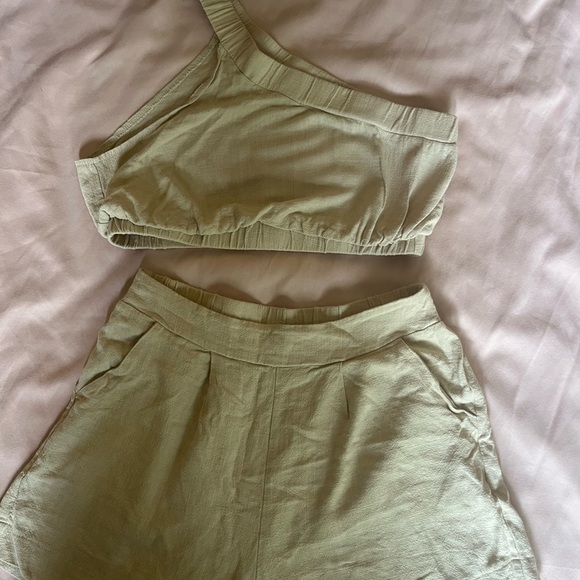 High Waist Tan Shorts and One shoulder top Matching Set - Picture 8 of 8